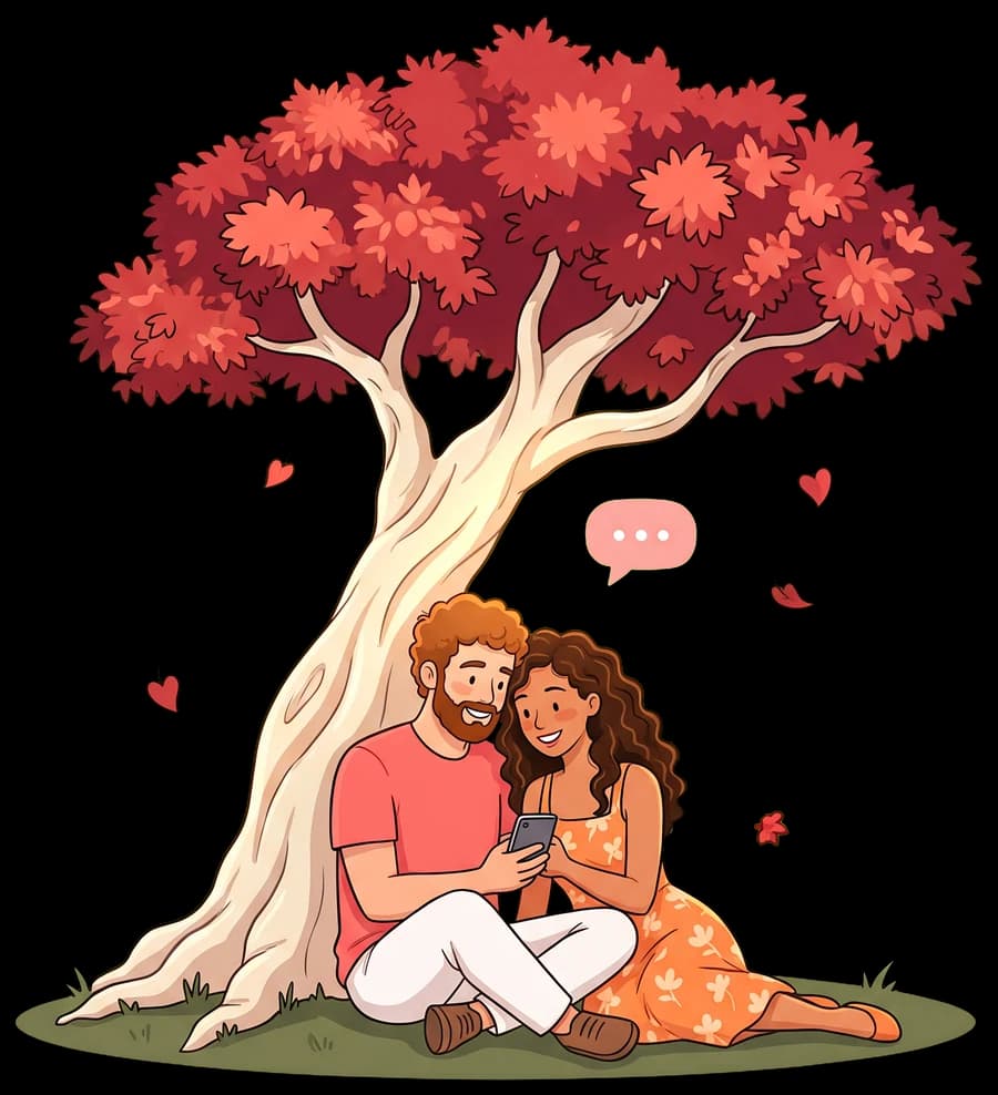 Alma, el árbol de vuestra casa virtual, junto a una pareja que mira el móvil