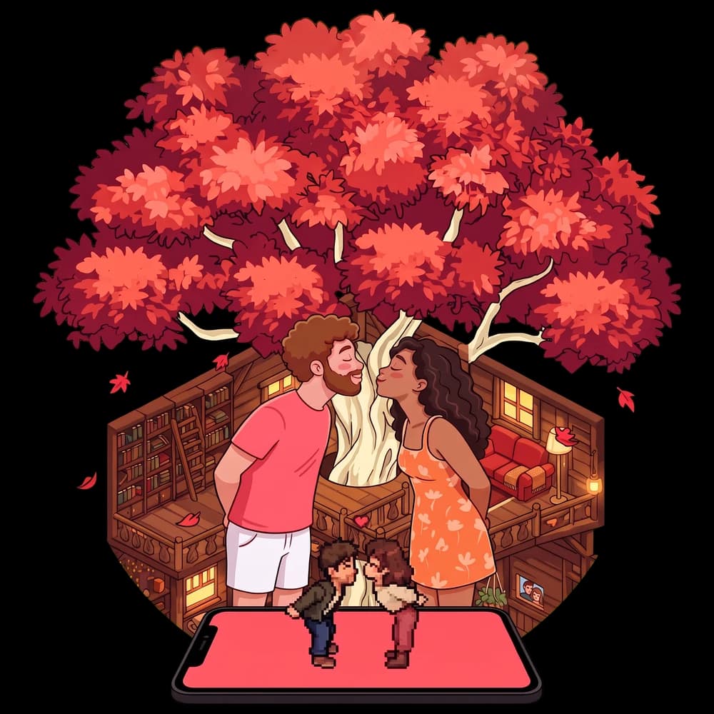 Una pareja a punto de besarse delante de su casa en el árbol, y en el móvil sus avatares también